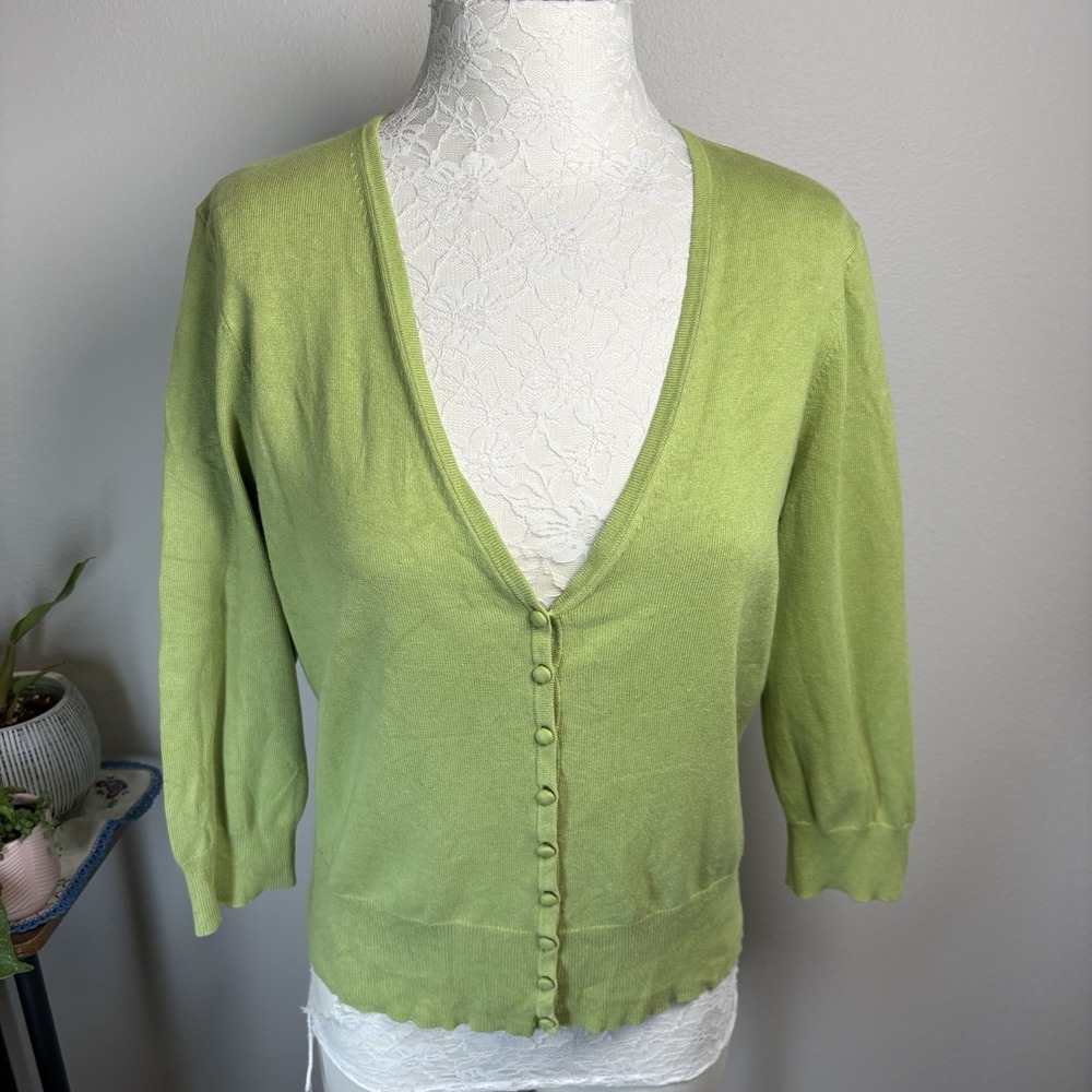 Ann Taylor Women L Green Cardigan Preppy Chic Silk Cashmere Blend